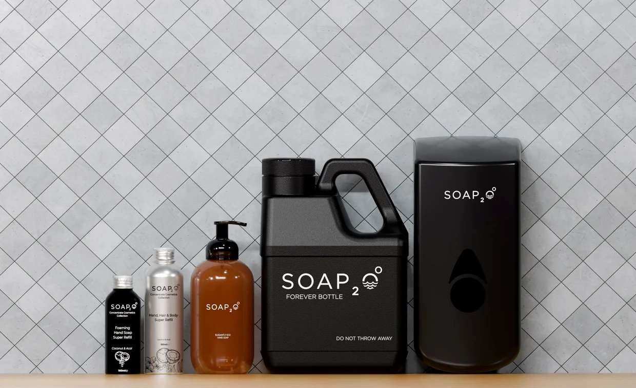 SOAP2O hållbart tvålsortiment: refiller, Forever Bottle och dispenser
