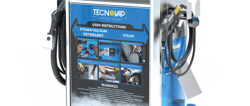 Car Hygiene plus för ångrengöring av bilar i rostfritt stål från Tecnovap, utrustad med slangar för ånga och dammsugning samt instruktioner för bilrengöring på frontpanelen.