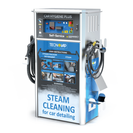 Car Hygiene plus för ångrengöring av bilar i rostfritt stål från Tecnovap, utrustad med slangar för ånga och dammsugning samt instruktioner för bilrengöring på frontpanelen.