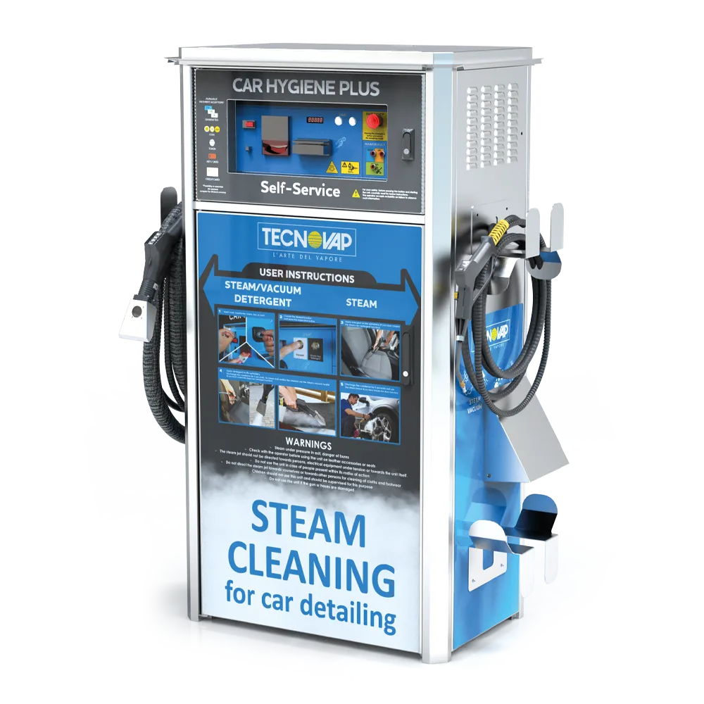 Car Hygiene plus för ångrengöring av bilar i rostfritt stål från Tecnovap, utrustad med slangar för ånga och dammsugning samt instruktioner för bilrengöring på frontpanelen.